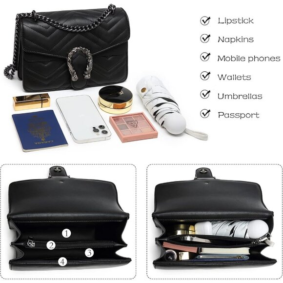 Snake Print Leather Black Crossbody Bag for Women Chain Strap and Clutch Style - Picture 4 of 8